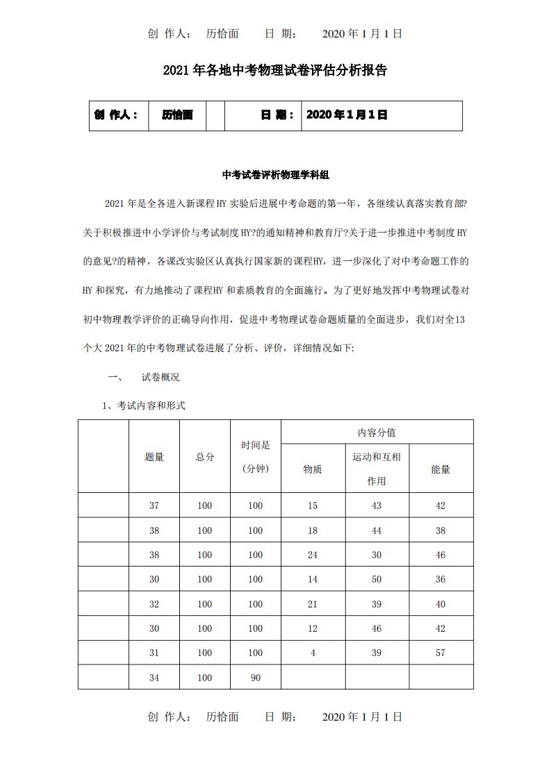 中考物理试卷评估分析报告课标试题