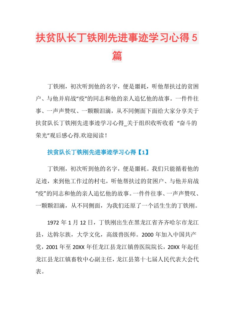 扶贫队长丁铁刚先进事迹学习心得5篇