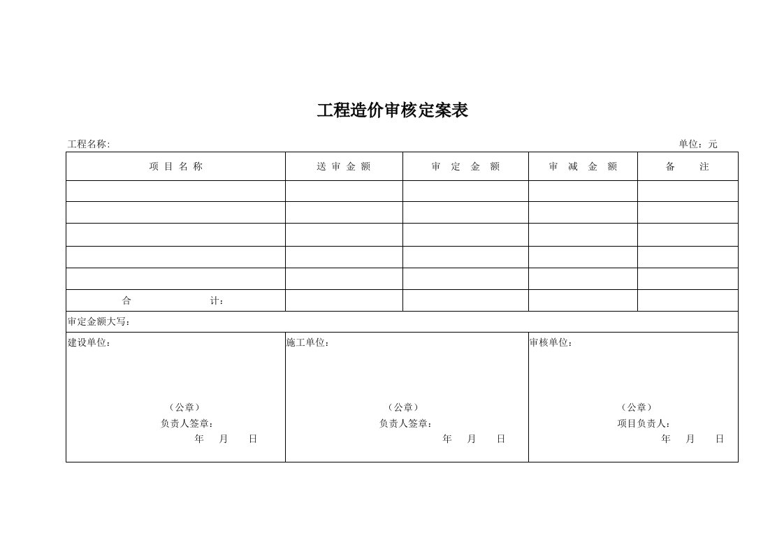 工程造价审核定案表