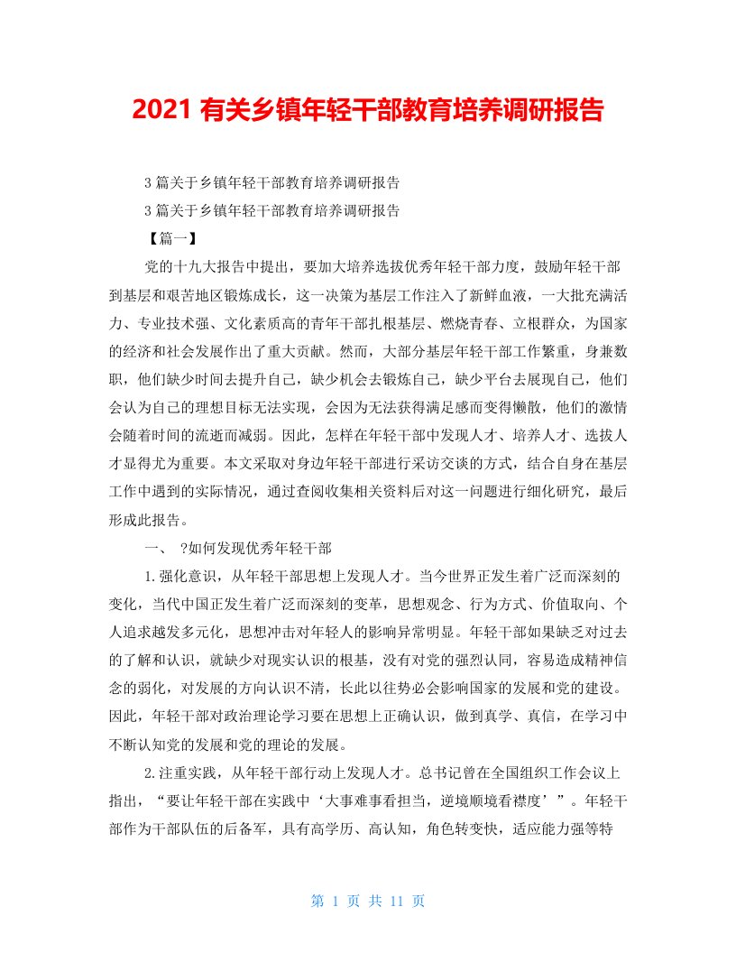 2021有关乡镇年轻干部教育培养调研报告