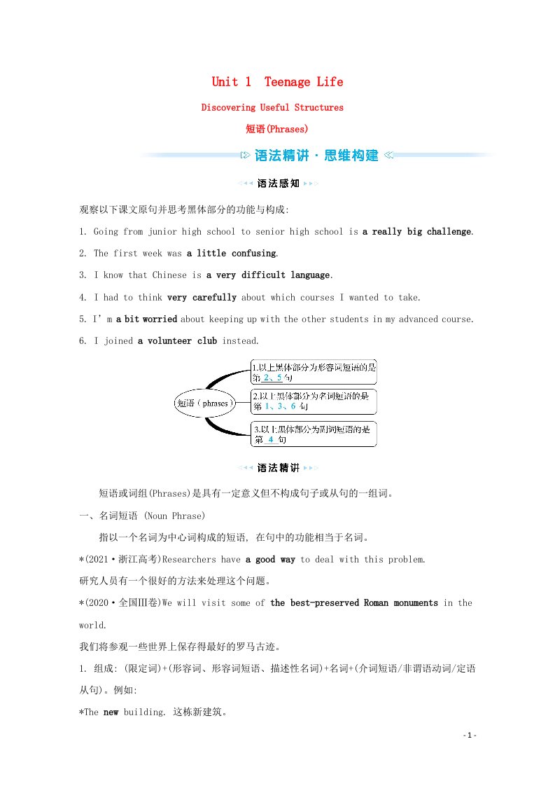 2021_2022学年新教材高中英语Unit1TeenageLifeDiscoveringUsefulStructures学案含解析新人教版必修第一册