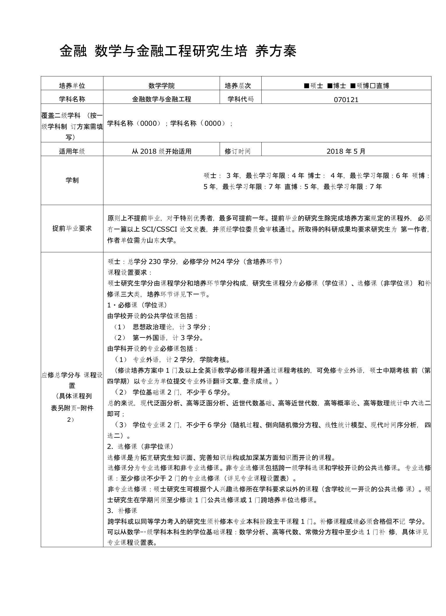 金融数学与金融工程研究生培养方案