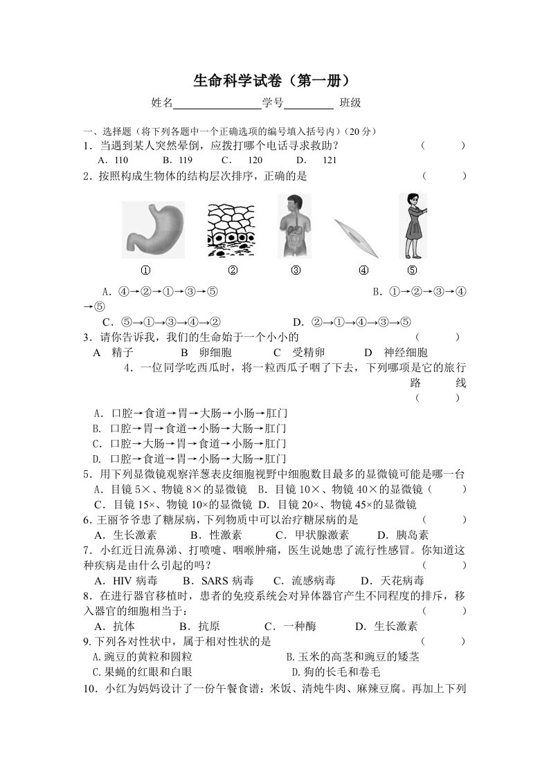 初三生命科学第一册复习试卷