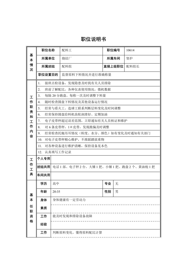 精选烧结厂竖炉车间配料组配料工职位说明书