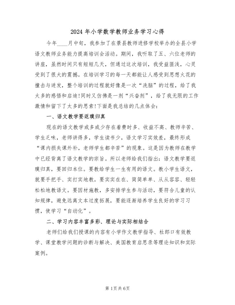 2024年小学数学教师业务学习心得（2篇）