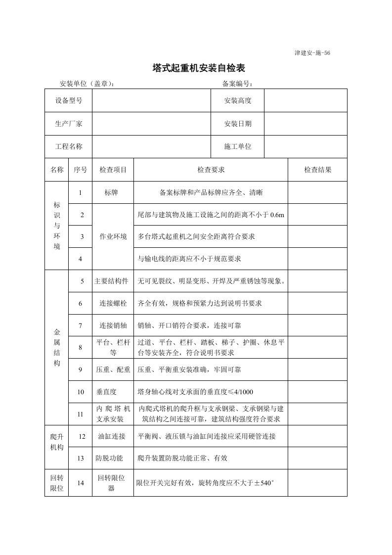 塔式起重机安装自检表