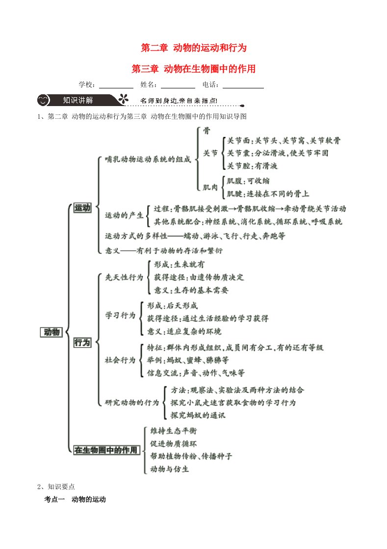 广东省中山市2022年中考生物专题复习第五单元生物圈中的其他生物第二章动物的运动和行为