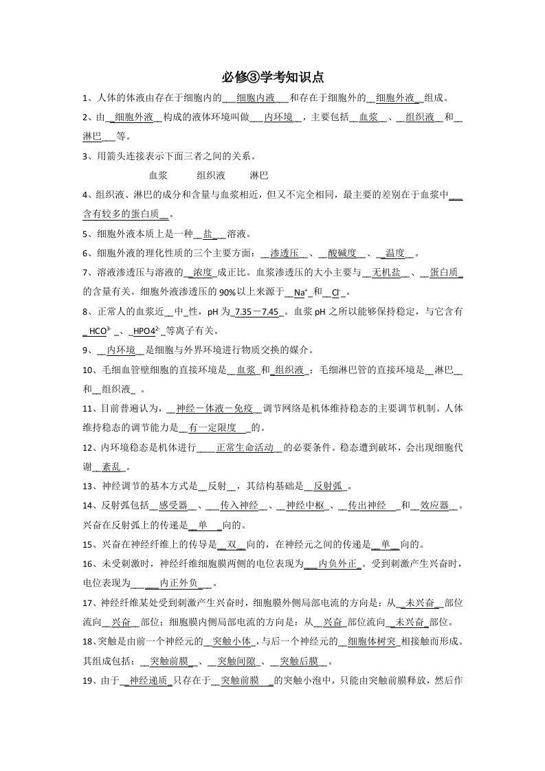 高中生物必修3学考知识点总结