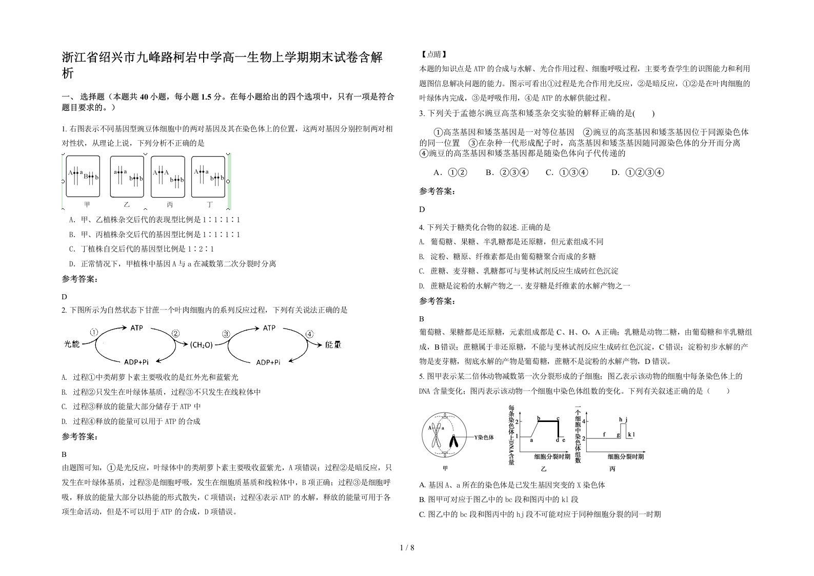 浙江省绍兴市九峰路柯岩中学高一生物上学期期末试卷含解析