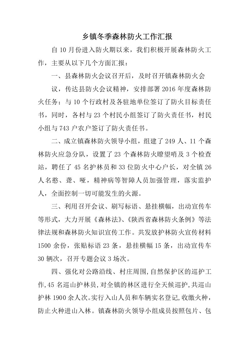 乡镇冬季森林防火工作汇报