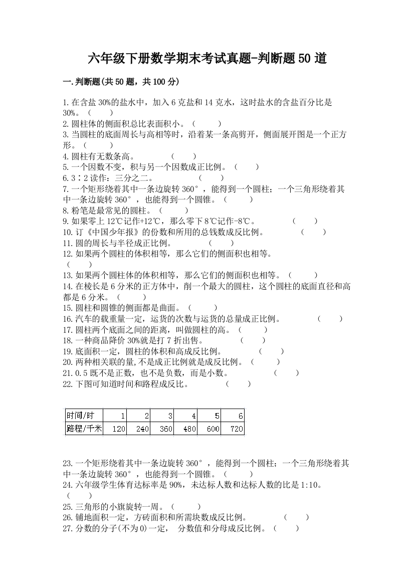 六年级下册数学期末考试真题-判断题50道带答案(考试直接用)