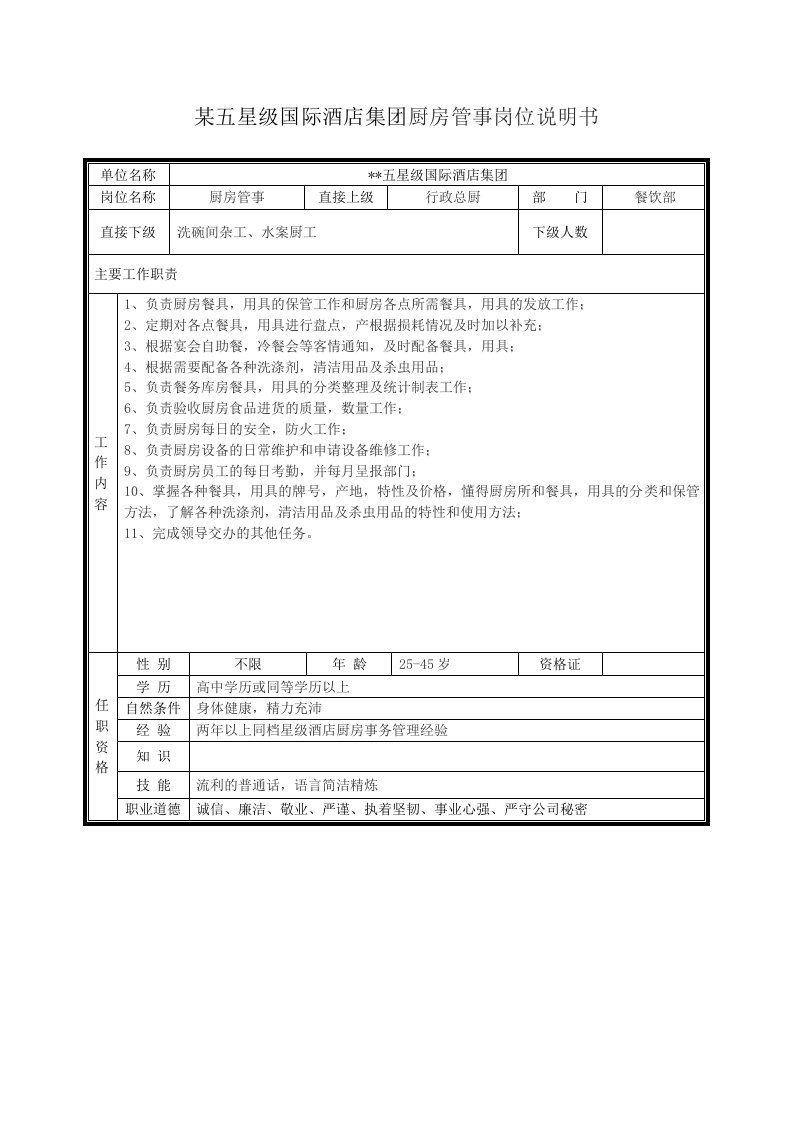 某五星级国际酒店集团厨房管事岗位说明书