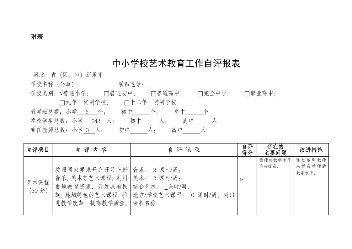 小学中小学生艺术素质测评自评报表