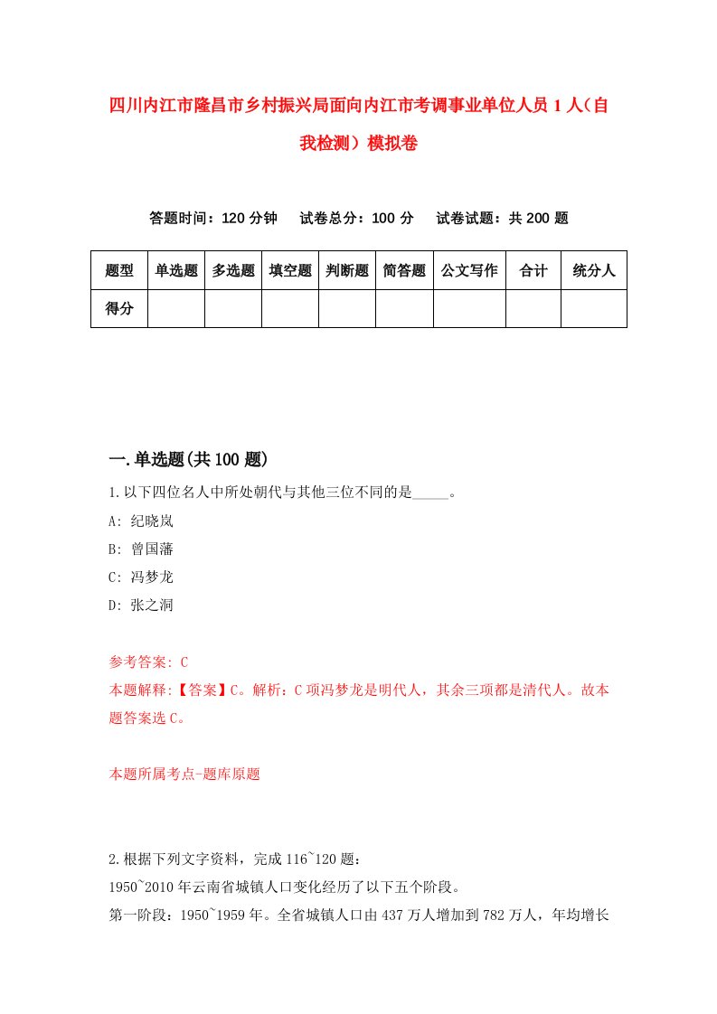 四川内江市隆昌市乡村振兴局面向内江市考调事业单位人员1人自我检测模拟卷第8期