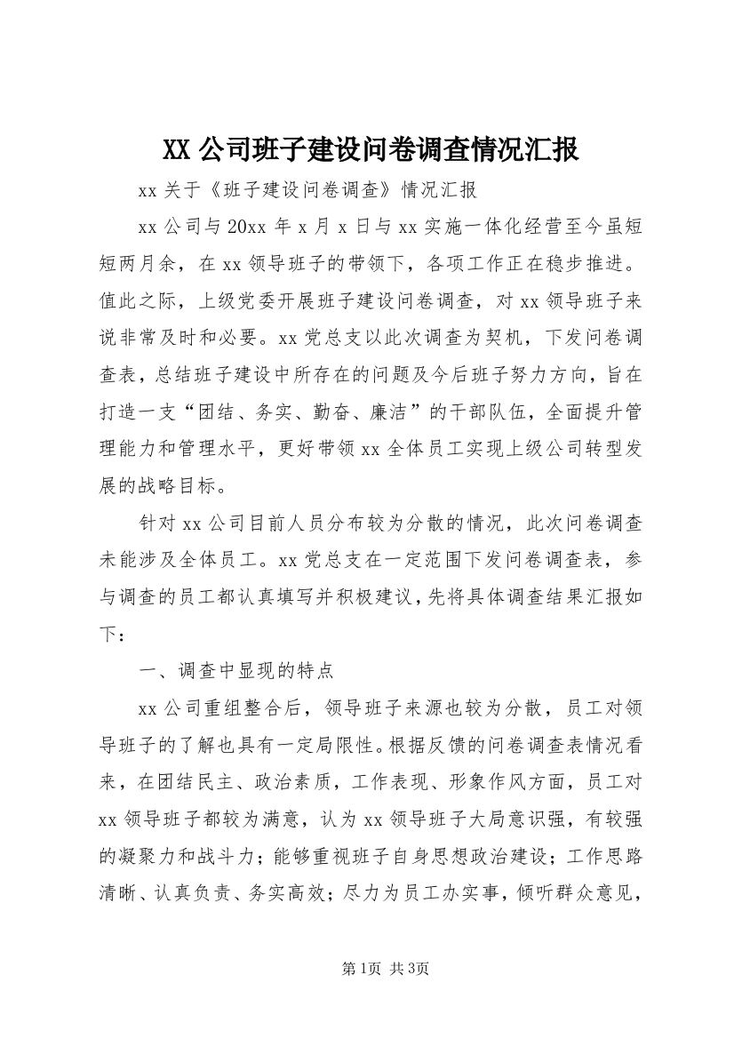 XX公司班子建设问卷调查情况汇报