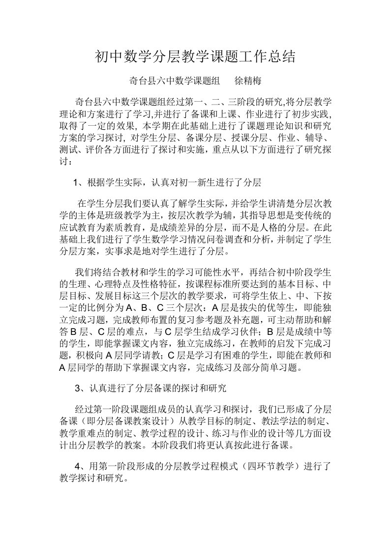 徐精梅初中数学分层教学课题工作总结