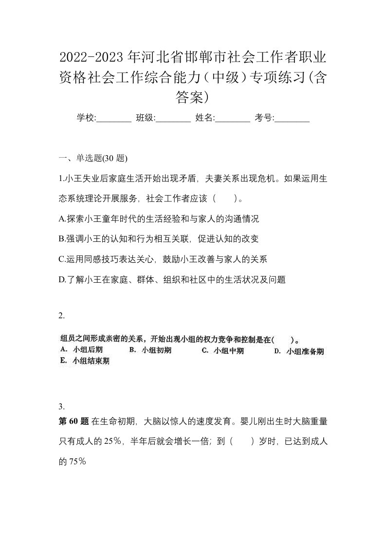 2022-2023年河北省邯郸市社会工作者职业资格社会工作综合能力中级专项练习含答案