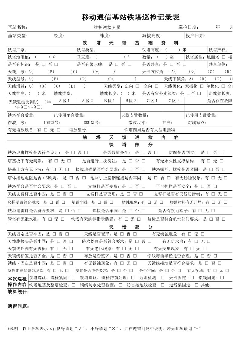 移动通信基站铁塔巡检记录表