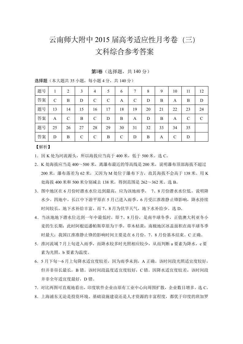 云南师大附中2015届高考适应性月考卷(三)文科综合-答案