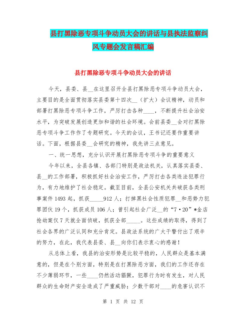 县打黑除恶专项斗争动员大会的讲话与县执法监察纠风专题会发言稿汇编