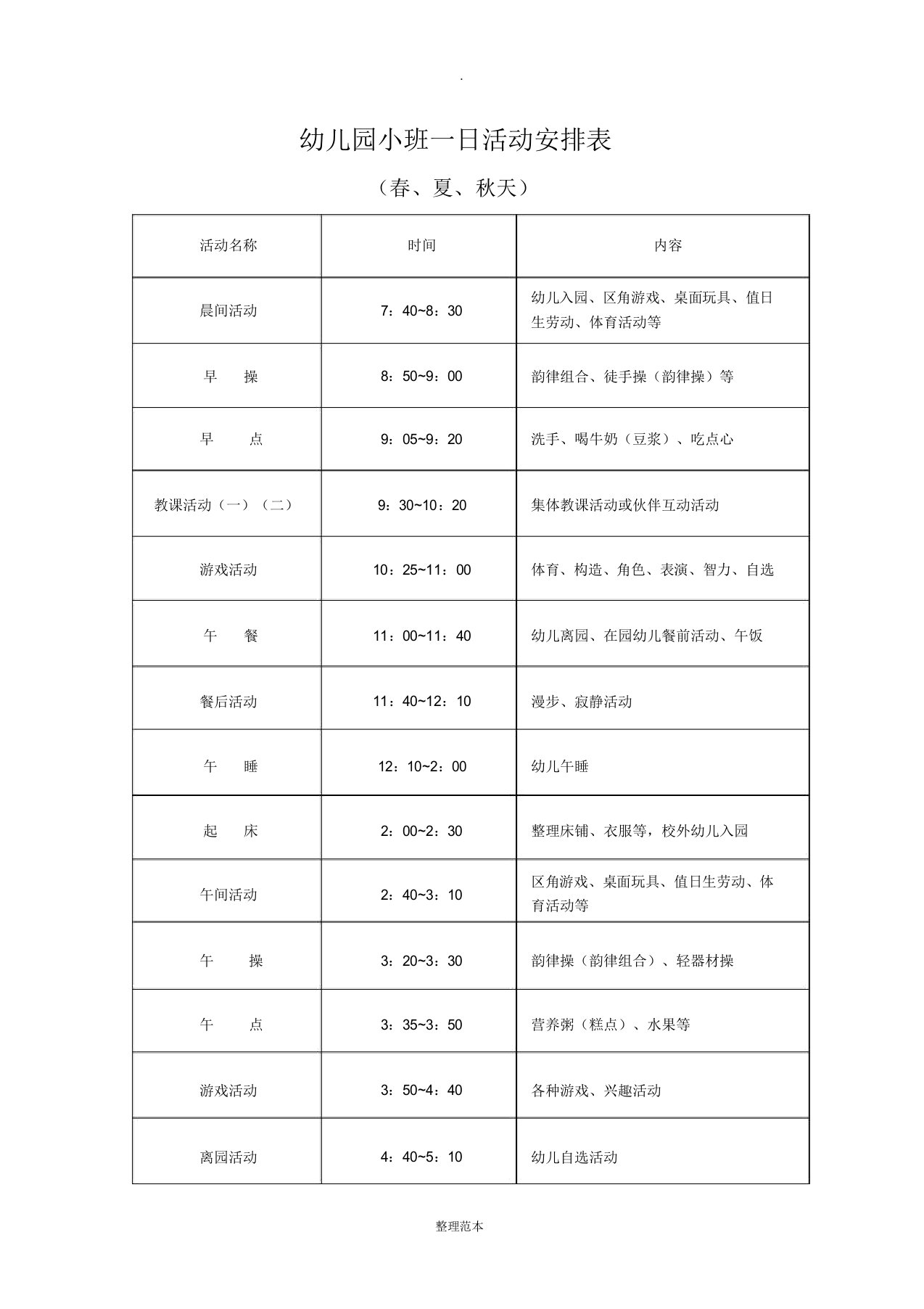 小班日活动作息时间表