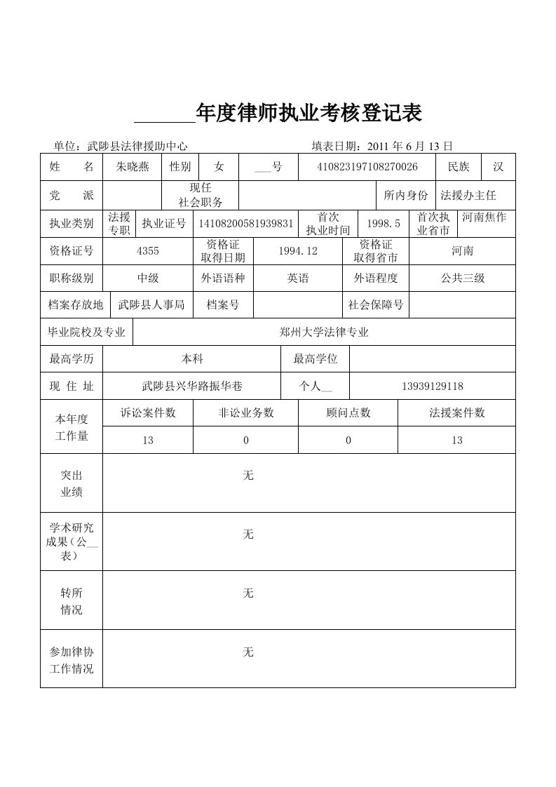 朱晓燕年度律师执业考核登记表