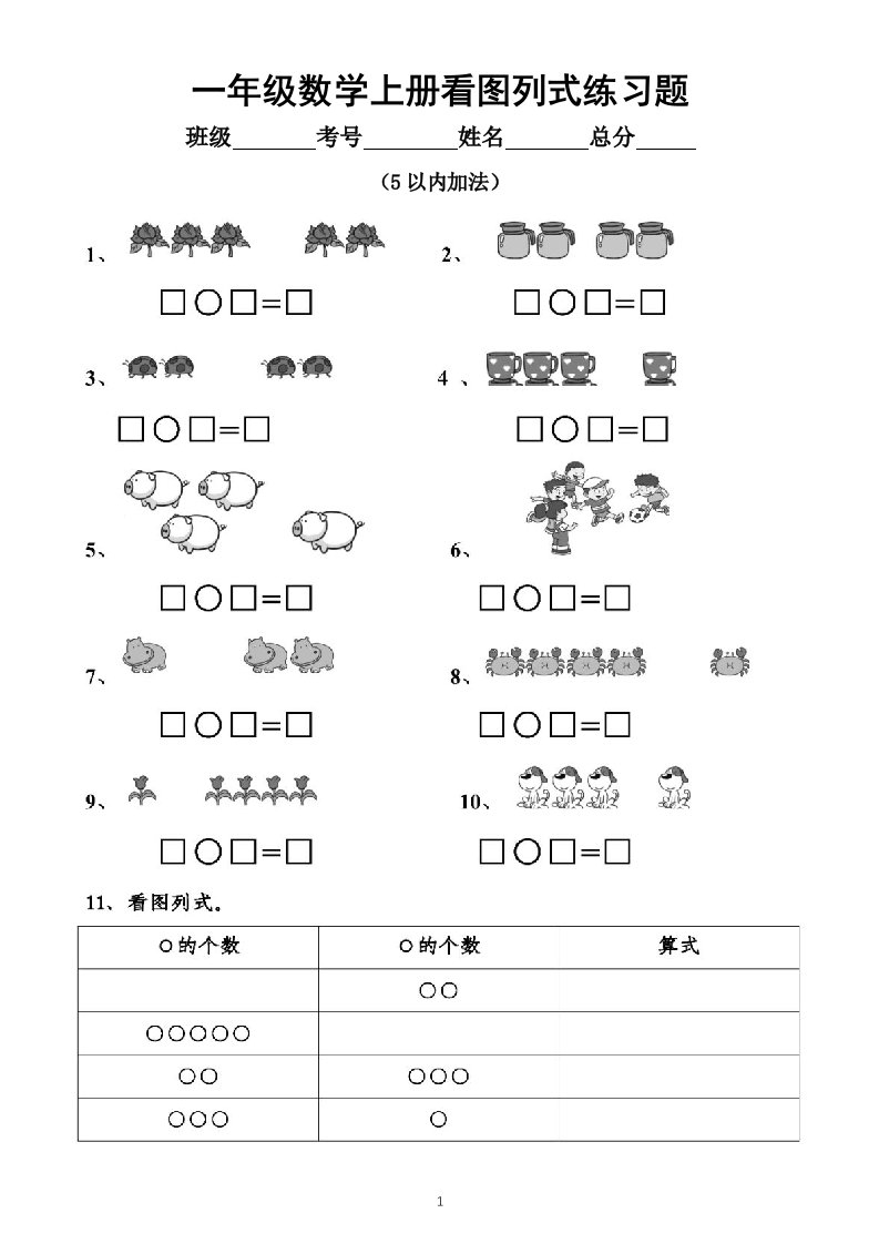 小学数学一年级上册看图列式练习题（附参考答案）