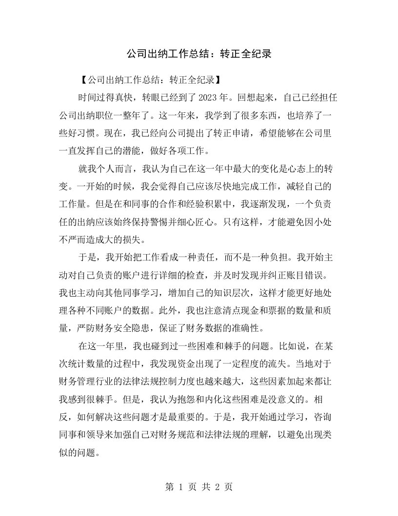 公司出纳工作总结：转正全纪录