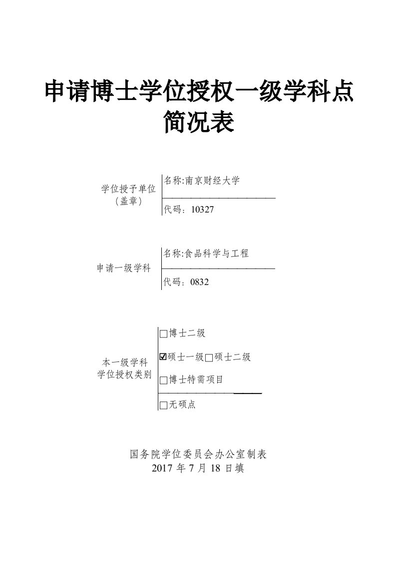 申请博士学位一级学科授权点简况表