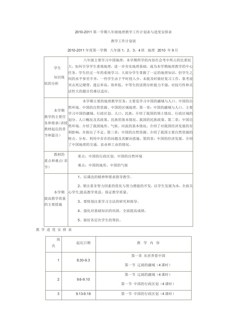 2010-2011第一学期八年级地理教学工作计划表与进度安排表