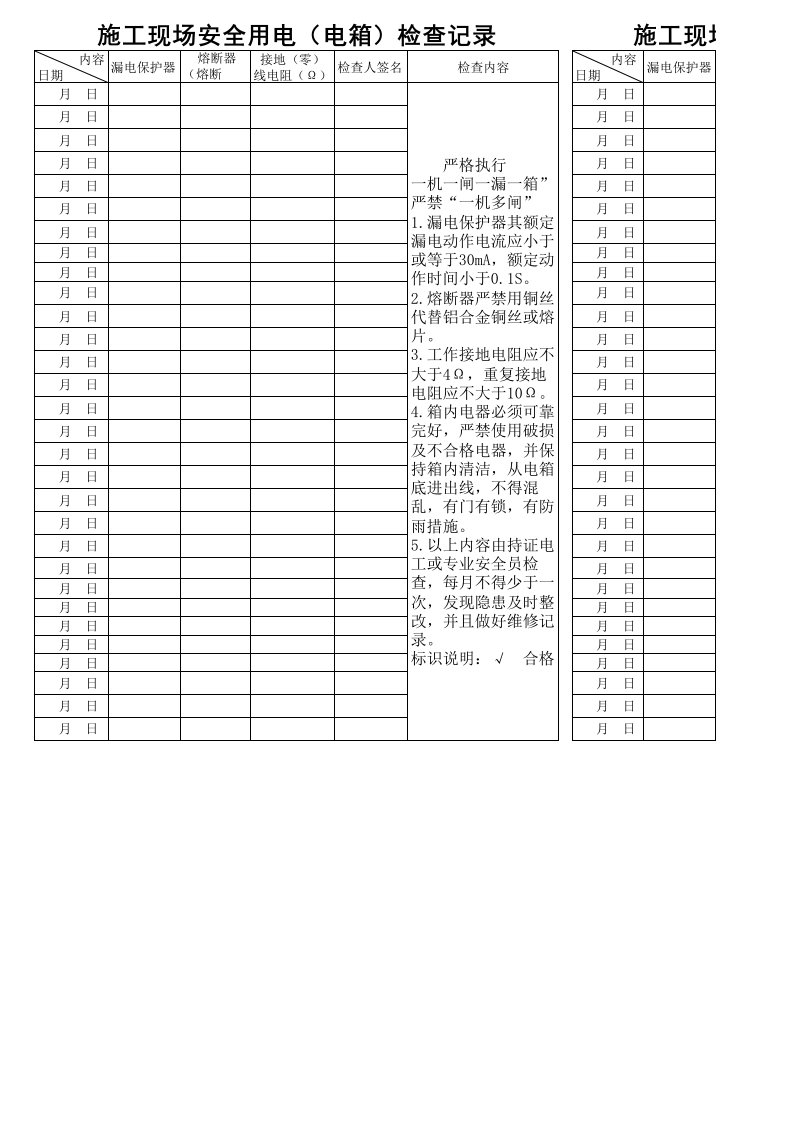 施工现场安全用电(电箱)检查记录