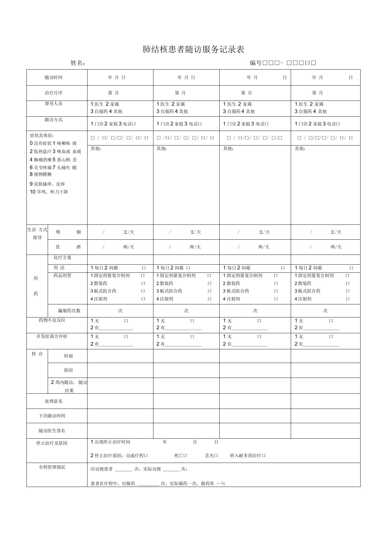 肺结核患者随访服务记录表