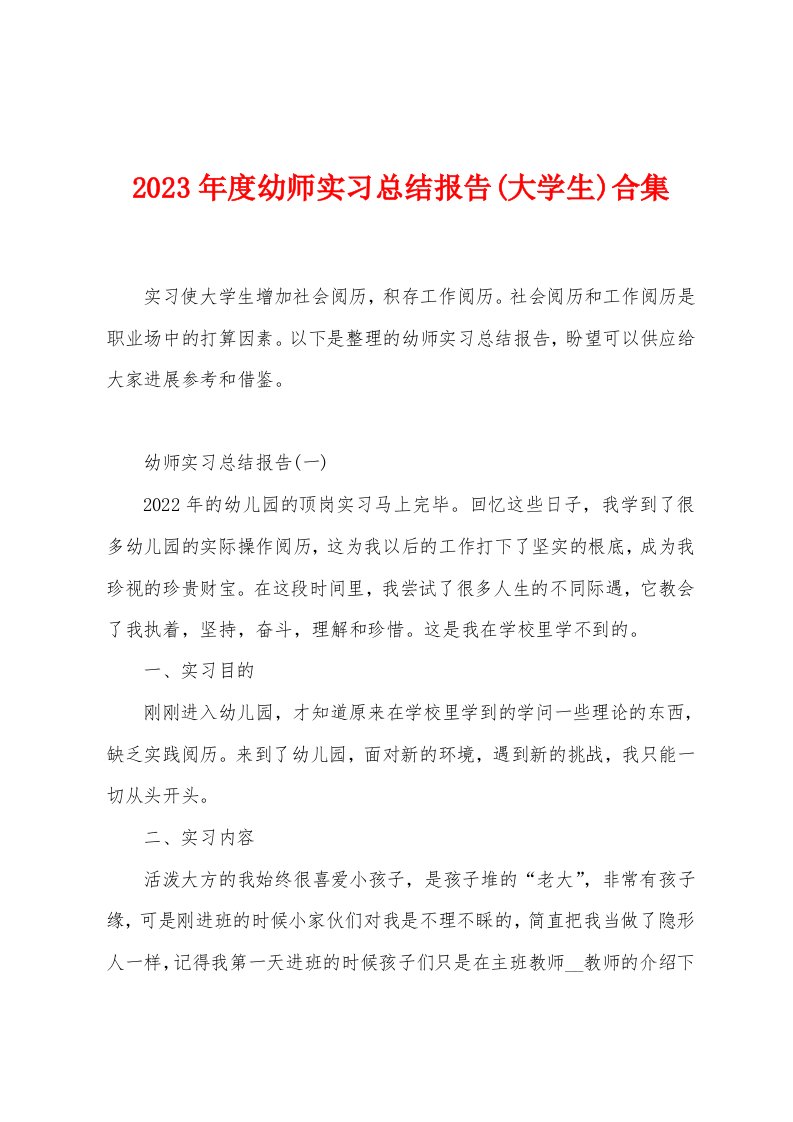 2023年度幼师实习总结报告(大学生)