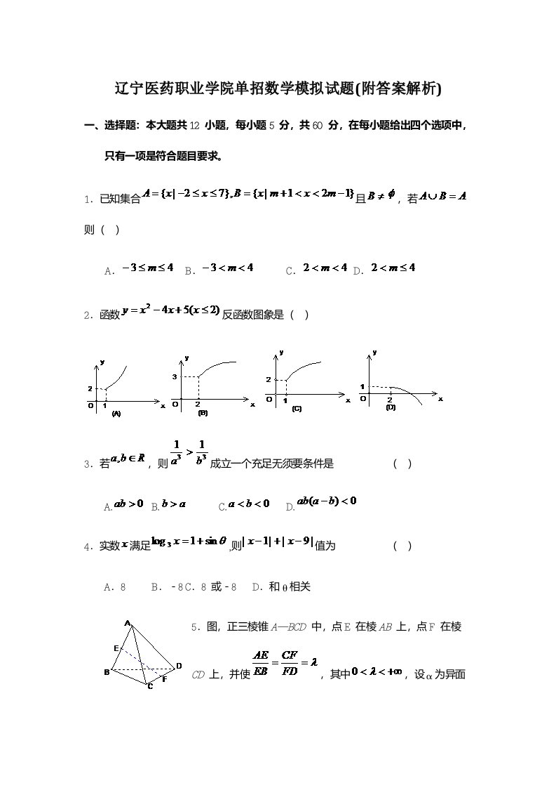 辽宁医药职业学院单招数学模拟试题(附答案解析)样本