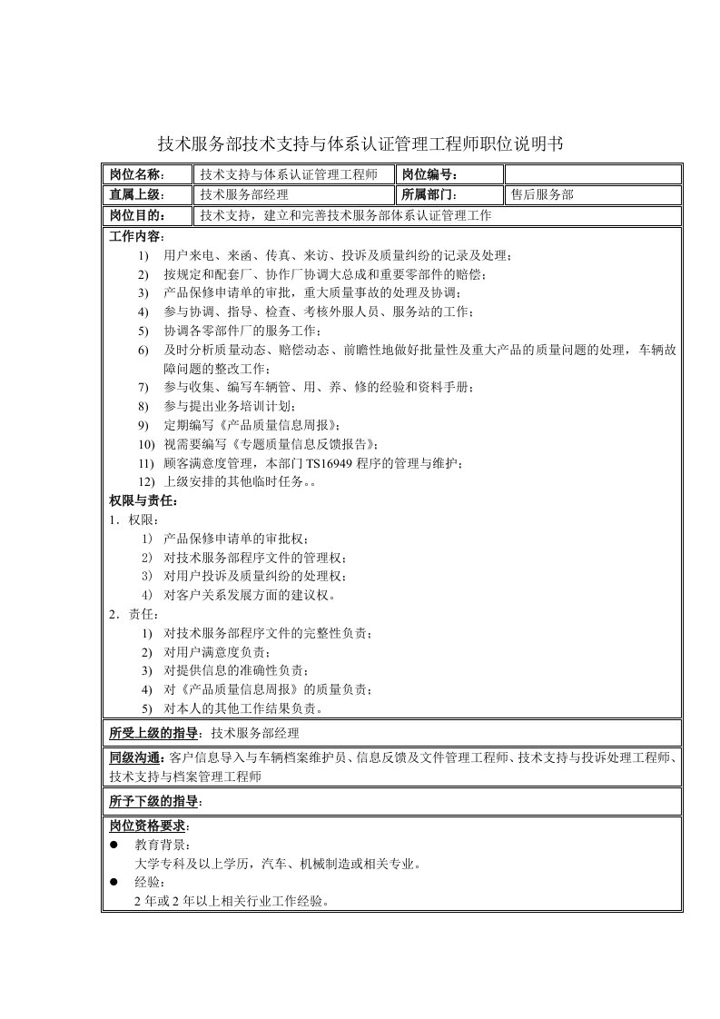 推荐-技术服务部技术支持与体系认证管理工程师职位说明书