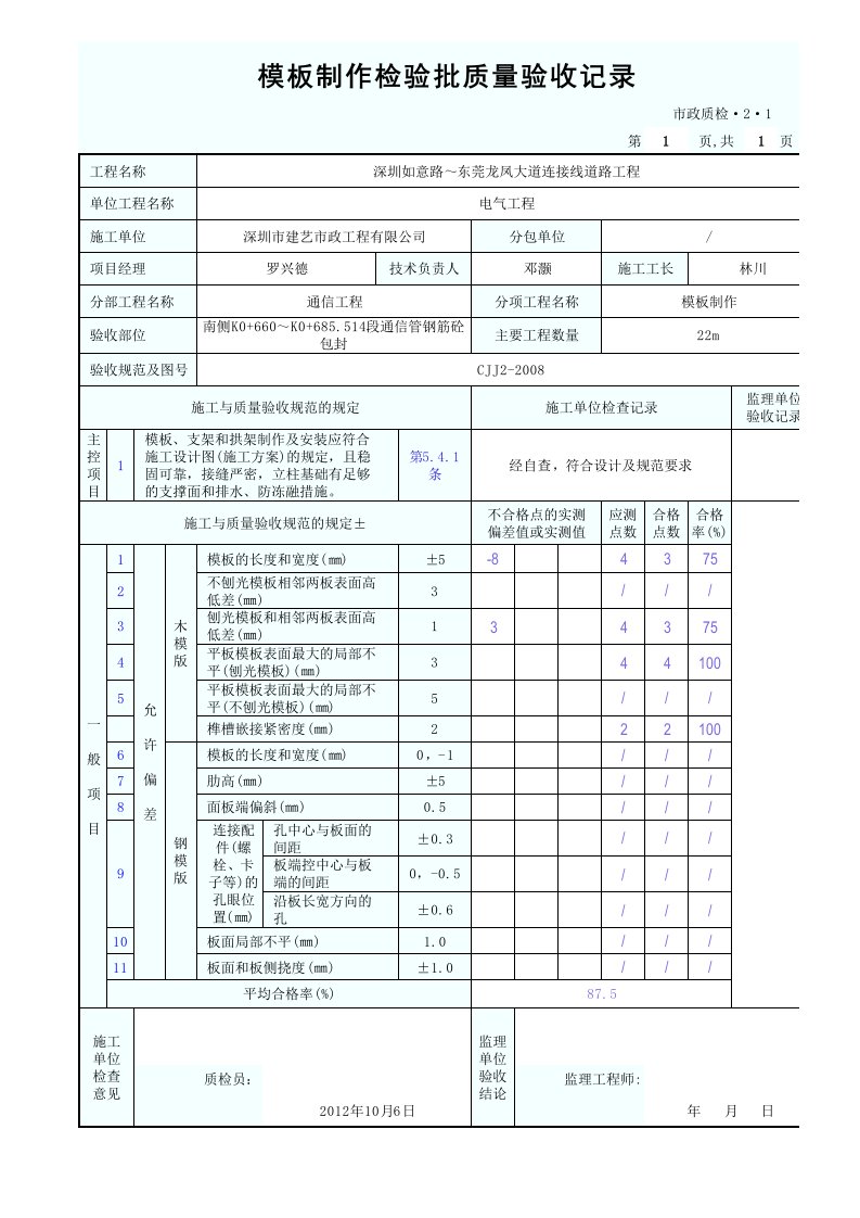 建筑工程-模板制作检验批质量验收记录1