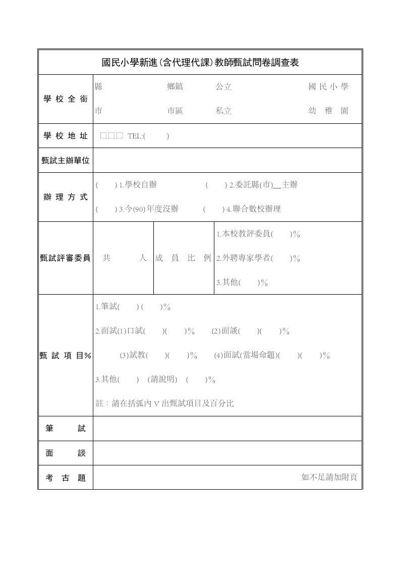 国民小学新进含代理代课教师甄试问卷调查表