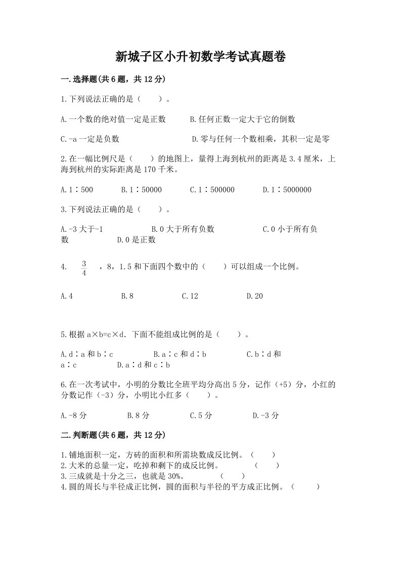 新城子区小升初数学考试真题卷及答案1套