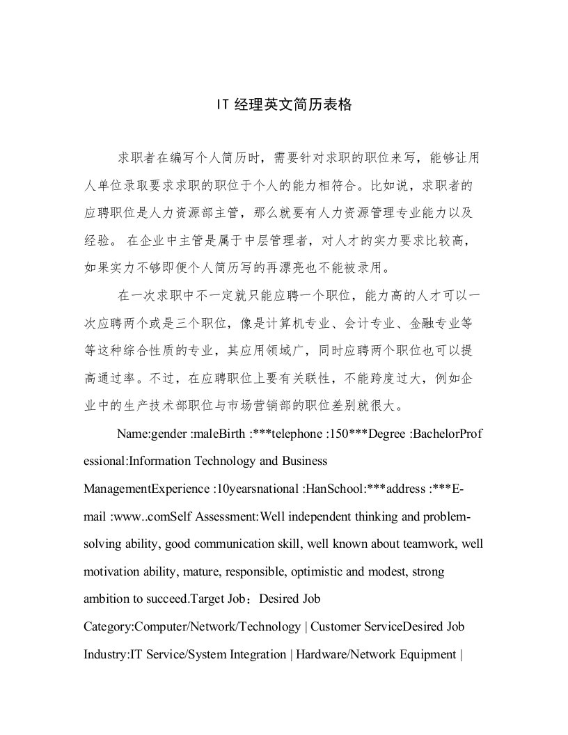 IT经理英文简历表格精选文档