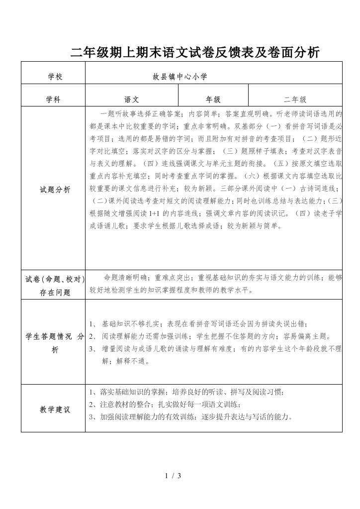 二年级期上期末语文试卷反馈表及卷面分析