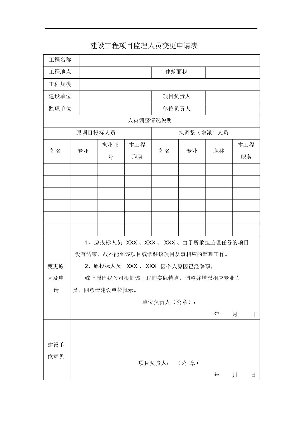 建设工程项目监理人员变更申请表