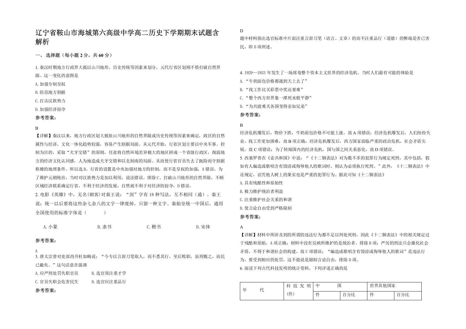 辽宁省鞍山市海城第六高级中学高二历史下学期期末试题含解析