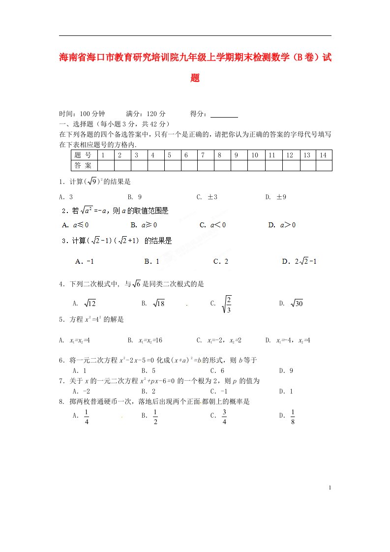 海南省海口市教育研究培训院九级数学上学期期末检测试题（B卷）