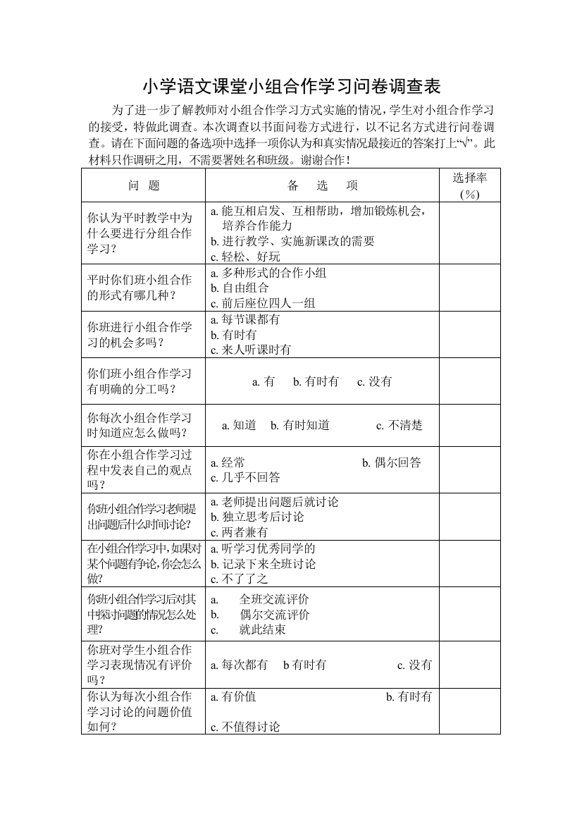 小学语文课堂小组合作学习问卷调查表