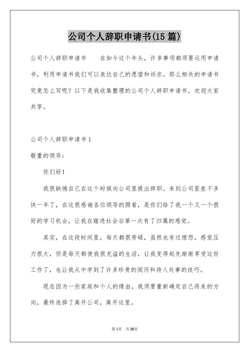 公司个人辞职申请书15篇例文