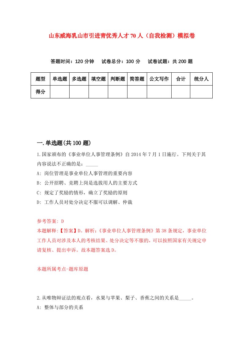 山东威海乳山市引进青优秀人才70人自我检测模拟卷1