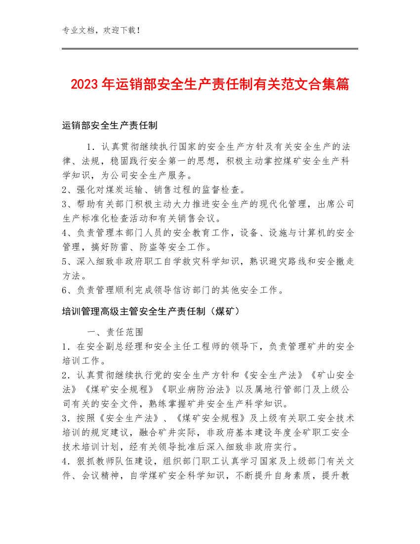 2023年运销部安全生产责任制范文合集篇