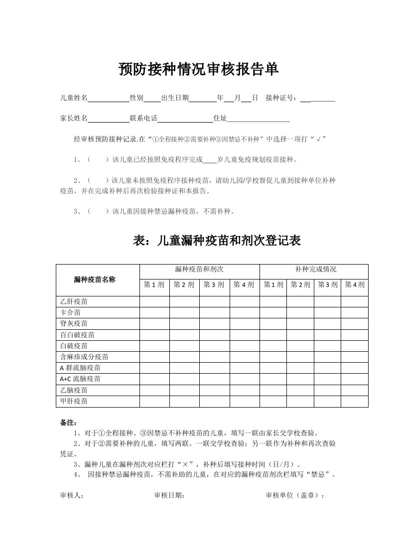 预防接种情况审核报告单