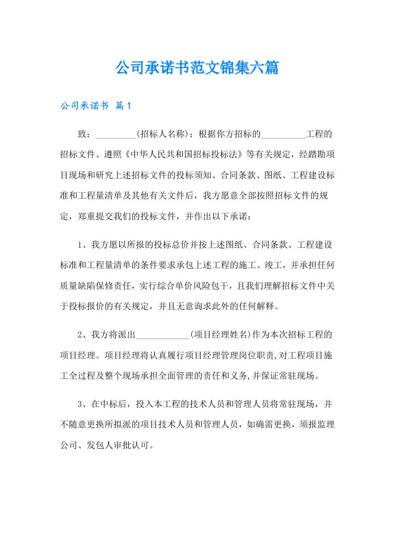 公司承诺书范文锦集六篇