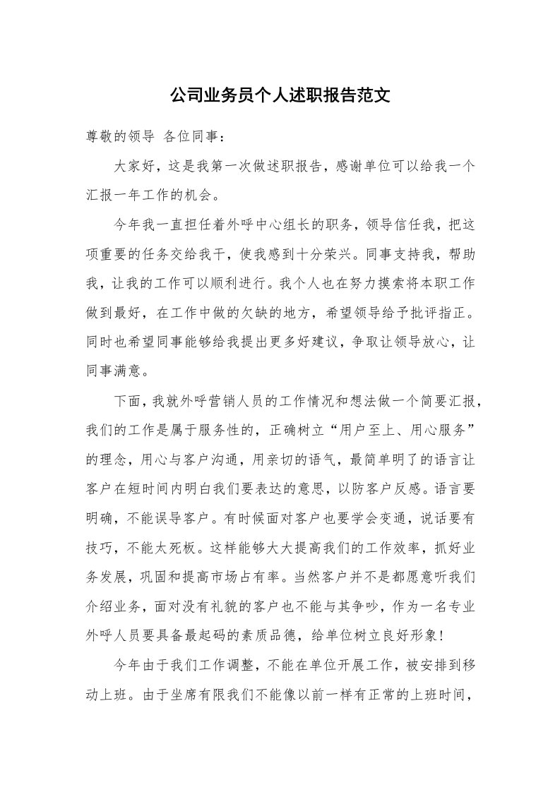 公司业务员个人述职报告范文